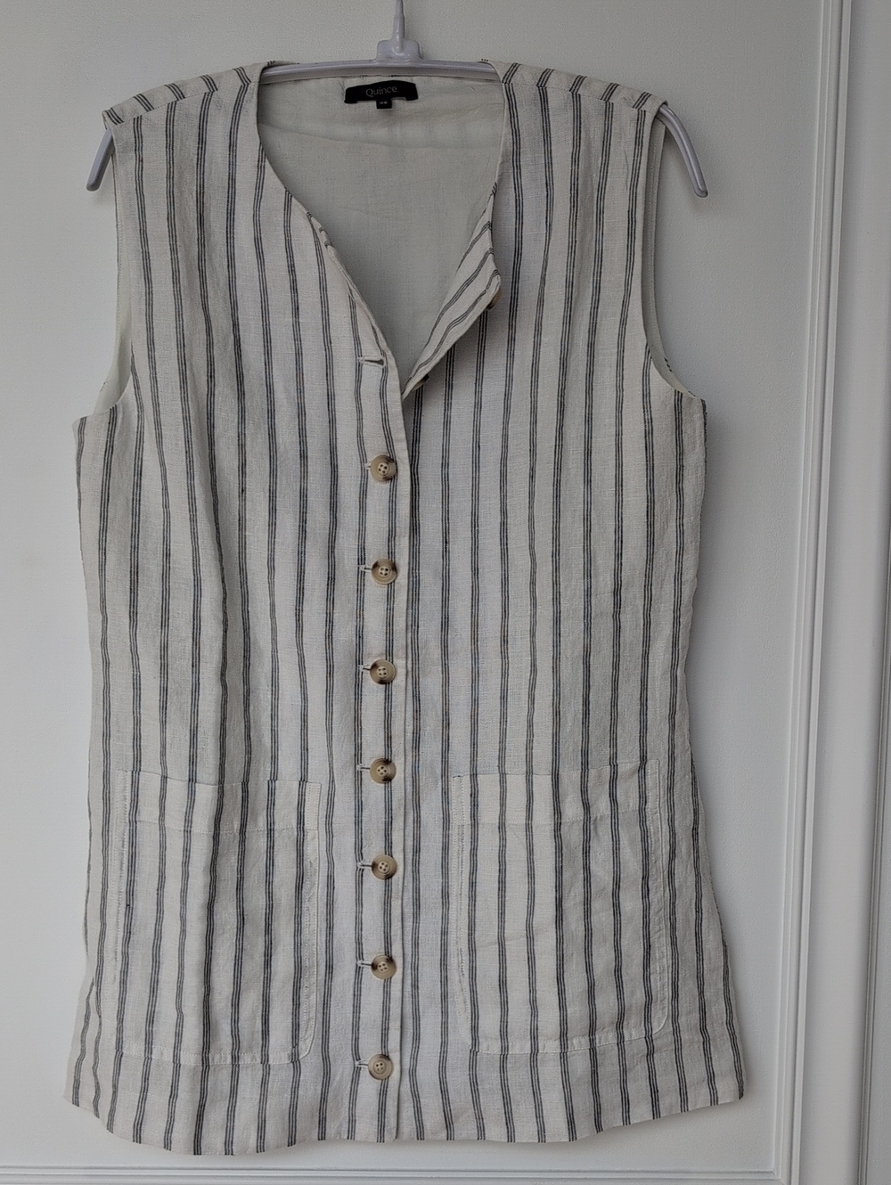 Quince Sleeveless Linen Button-Front Top in White and Gray Stripes